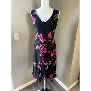 En Focus Petite Black Pink Floral V-Neck Sleeveless Midi Dress Size 10P‎
